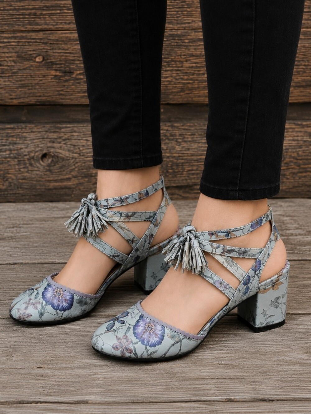 Poetic Licence Ribbon Whimsical Romantic Floral Ghillie Lace Block Heels 6.5M